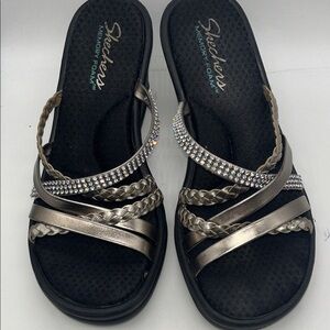 Skechers Wedge Sandals Gold & Rhinestone straps memory foam sole Sz 8